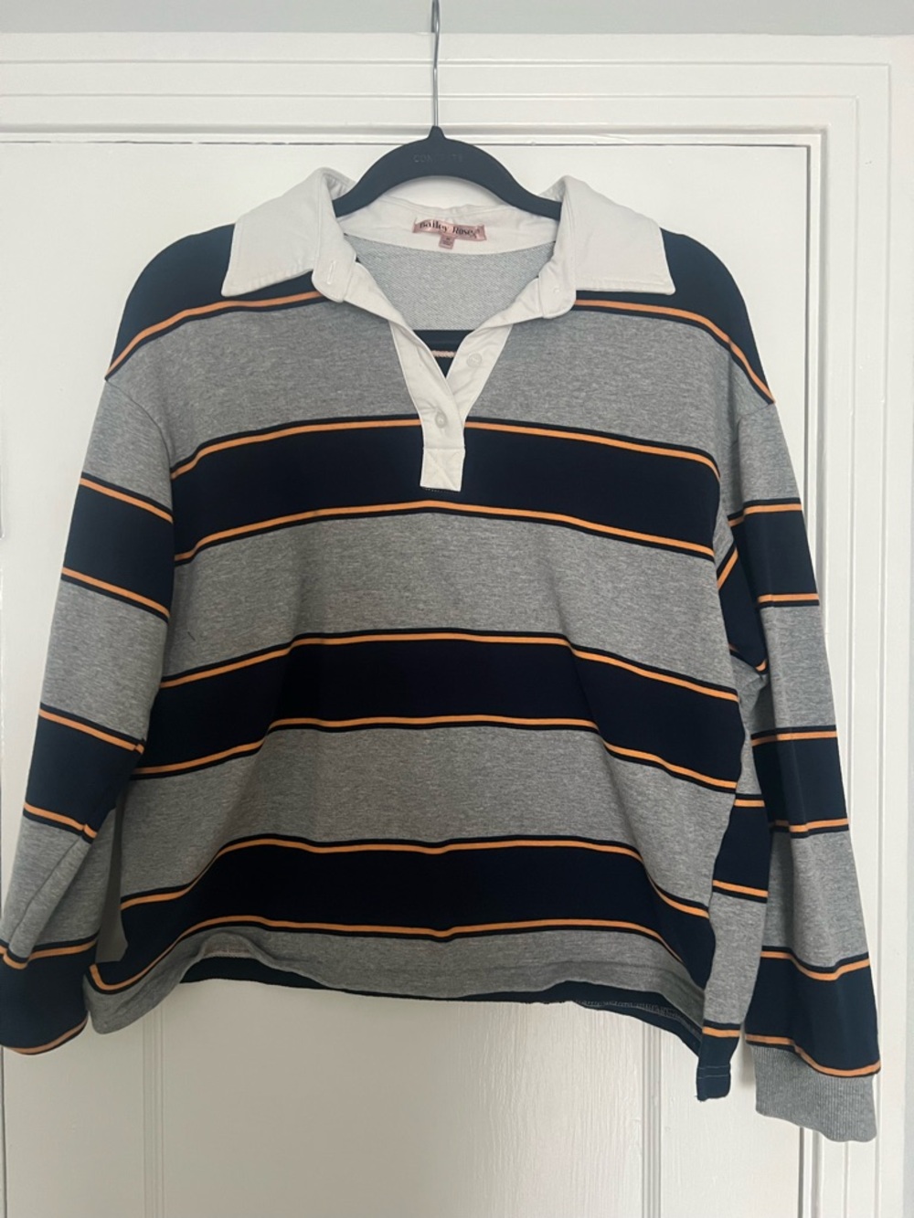 Striped Long Sleeve Rugby Polo - Grey Navy with Orange Trim